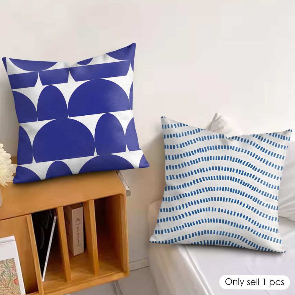Nordic Style Geometric Blue Pattern Pillow Case Double-Sided Plush Sofa Cushion Covers Organic Breathable Invisible Zipper
