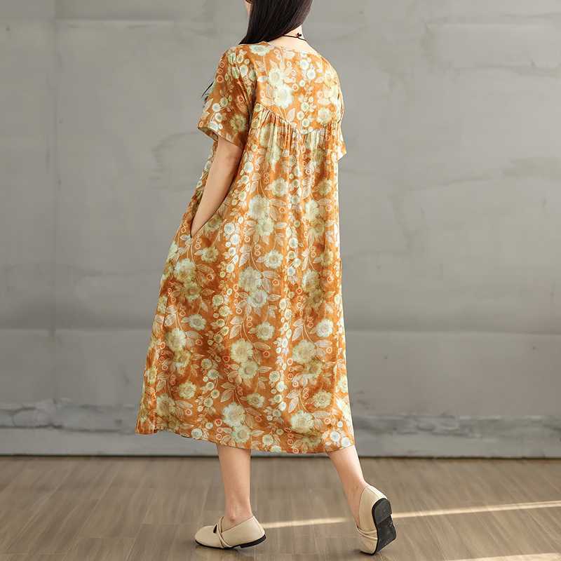 Summer Retro Cotton and Linen Round Neck Short Sleeved Dress, Women's Loose Skirt