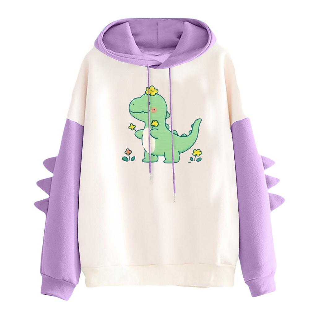 Women's Printed Contrasting Dinosaur Loose Casual Hoodie