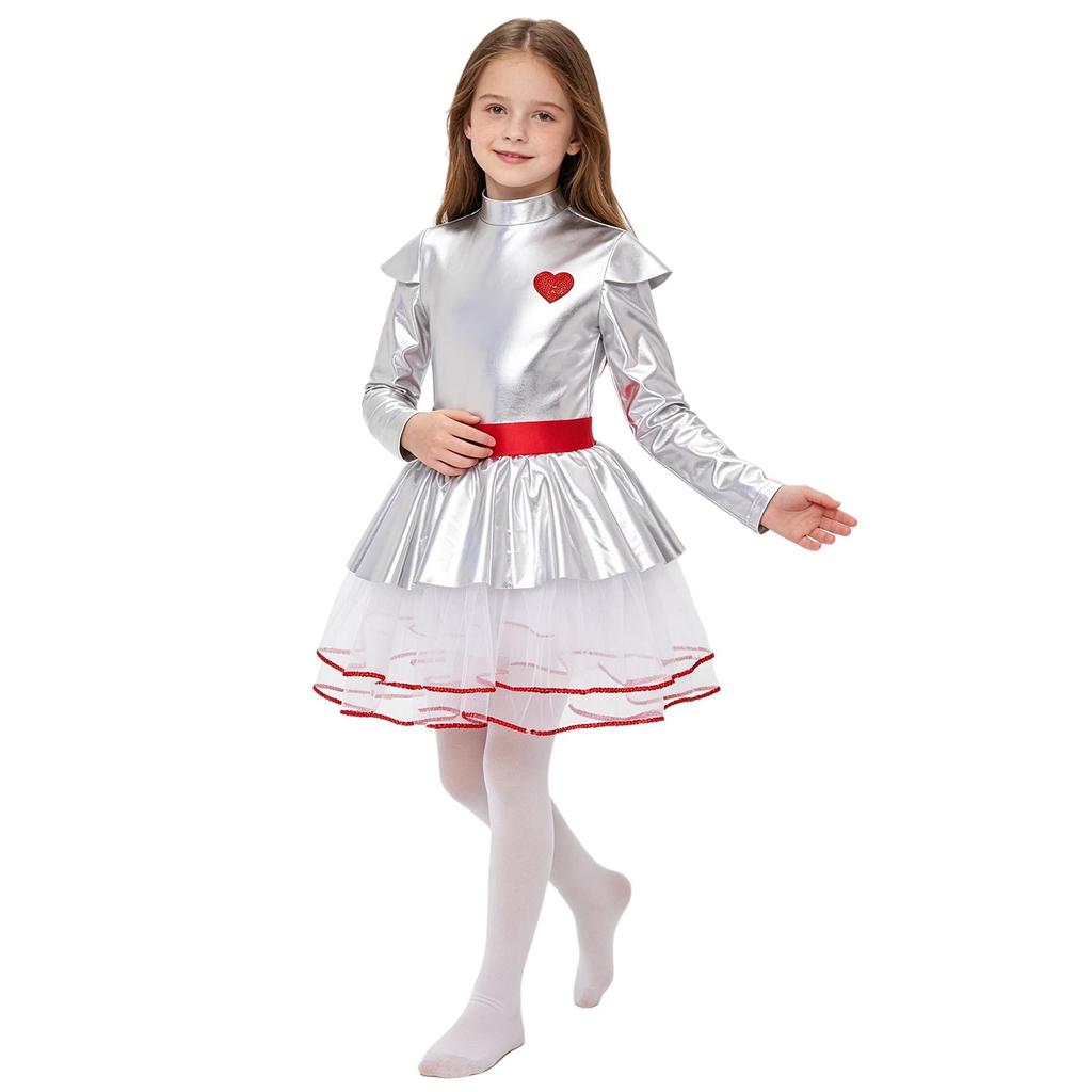 Girls Role Play Costume Metallic Tulle Tutu Dress Mock Neck Long Sleeve Back Zip Built-in Briefs for Halloween Cosplay Theme Party