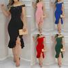 Women's Fashion Tight Pack Hip One Shoulder Ruffle Solid Colour Dresses