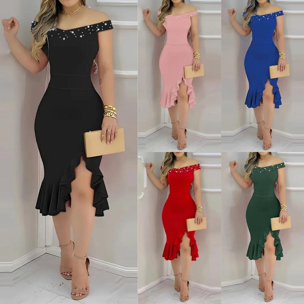 Women's Fashion Tight Pack Hip One Shoulder Ruffle Solid Colour Dresses