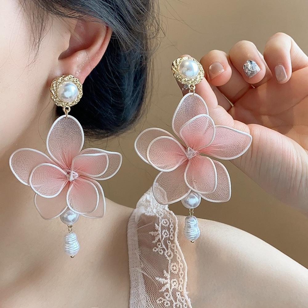 Pearl Pedant Mesh Flower Dangle Earrings Exaggerated Petals Stud Earrings  Ladies/Girls