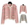 Women Cardigan Sweater Striped Print Contrast Color Single-breasted Long Sleeve Knitted Loose Warm Thick Round Neck Fall Spring Coat EMA