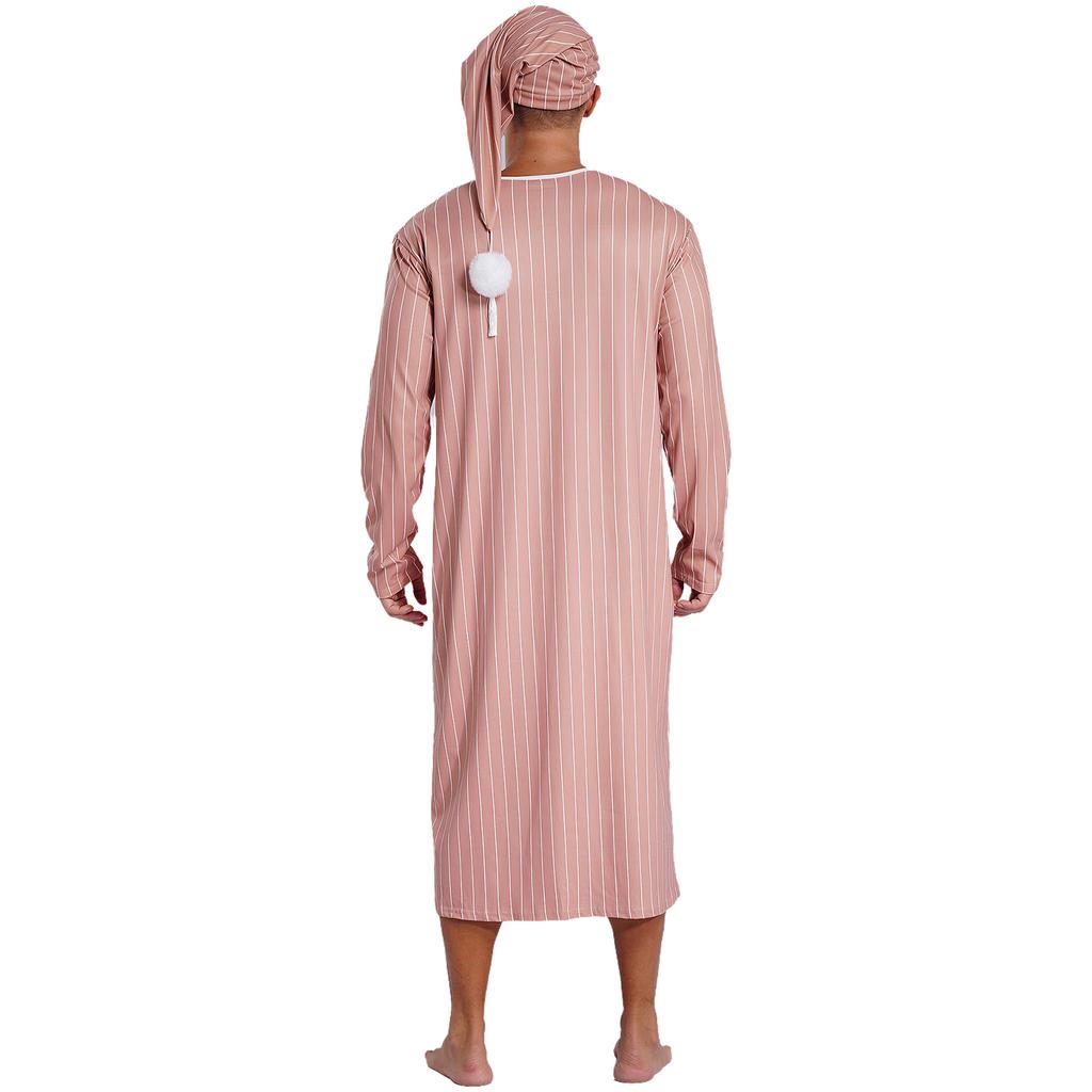 Mens Sissy Nightwear Striped Sleep Robe with Hat Long Sleeve Long Robe And Pompom Adjustable Sleep Hat Arabian Muslim Pajamas