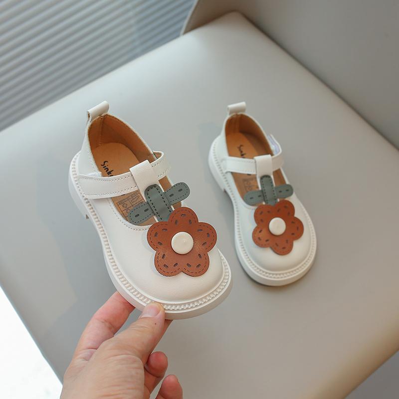 Baby Girls Leather Shoes Kids T-strap Flats with Sweet Flowers Toddlers Children Kindergarten School Princess Fashion Shoes Soft