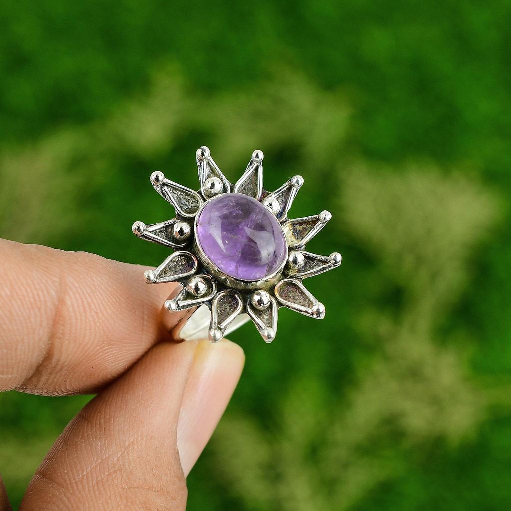 Natural African Amethyst 925 Sterling Silver Mother Promise Flower Ring Jewelry