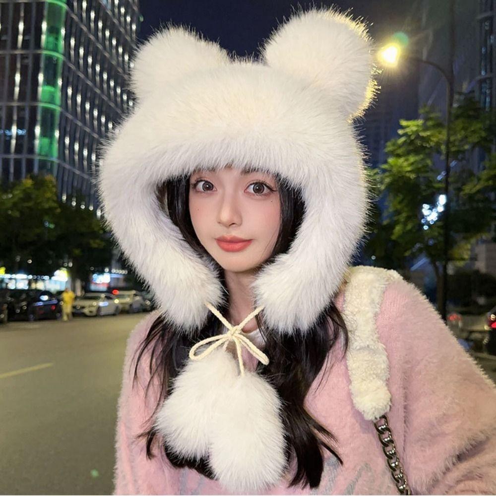 Warm Ear Protection Hat Cute Bucket Hat Thickened Plush Bear Hat  Women