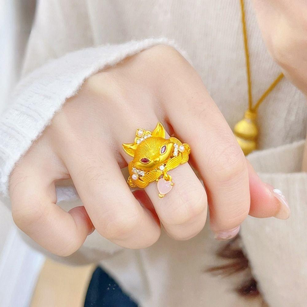 Golden Rhinestone Opening Ring Textured Animal Ring Creative Vintage Metal Ring Daily