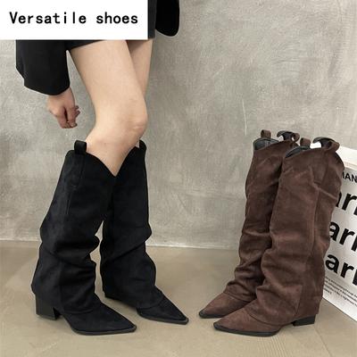 Зимние дизайнерские женские сапоги до колена, модные заостренные носки, длинные ботильоны, дизайнерские толстые каблуки, Botas De Mujer