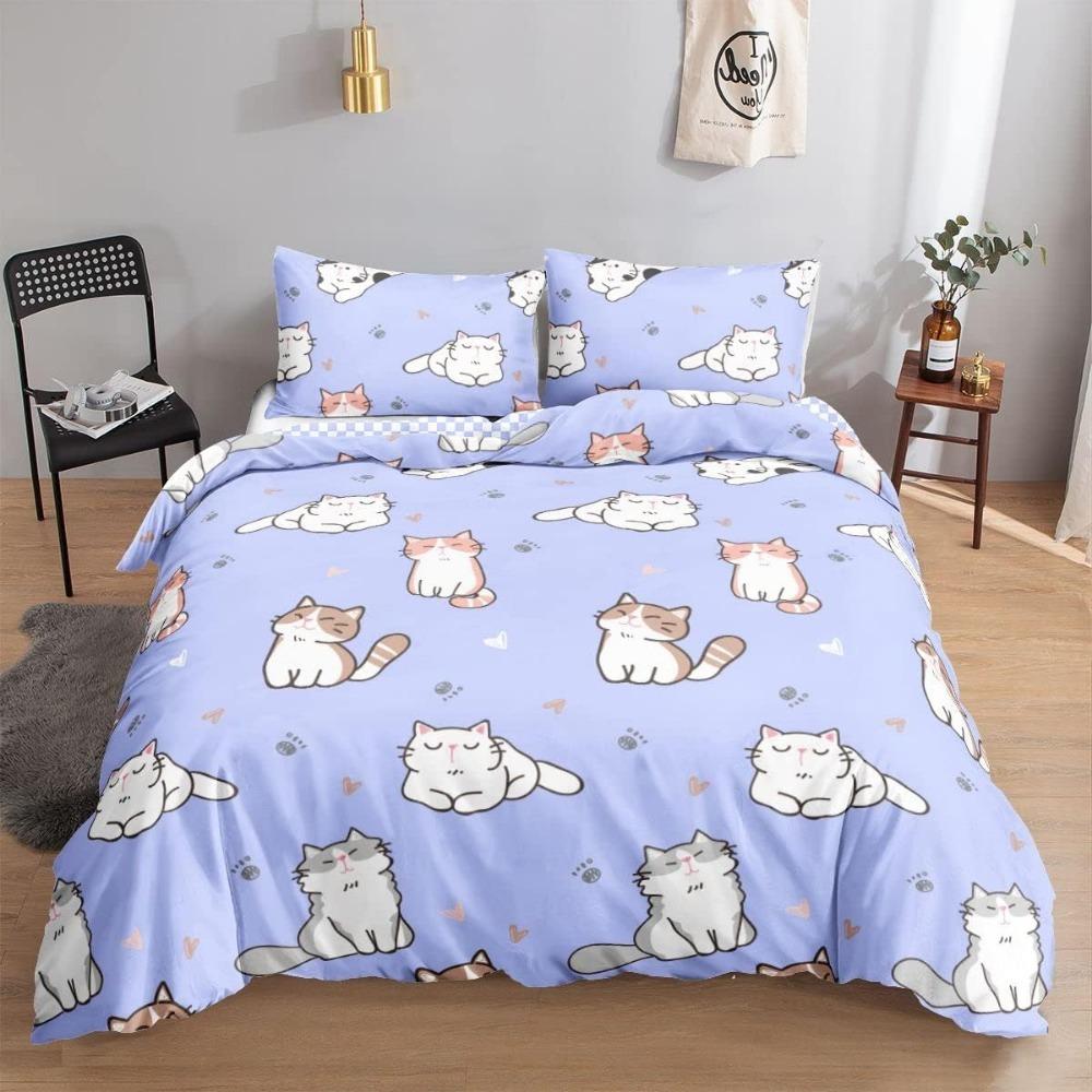 Cat Bedding Set, Duvet Cover for Children Adults,  Cute Pink Cat Chec Pattern Duvet Cover with Pillowcase Microfibre Bedding Set