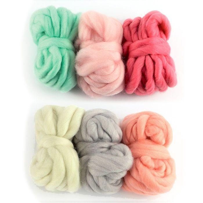 6 Balls of 5 M Wool - Off-white, Pale Grey, Coral, Indian Pink, Candy Pink, Mint