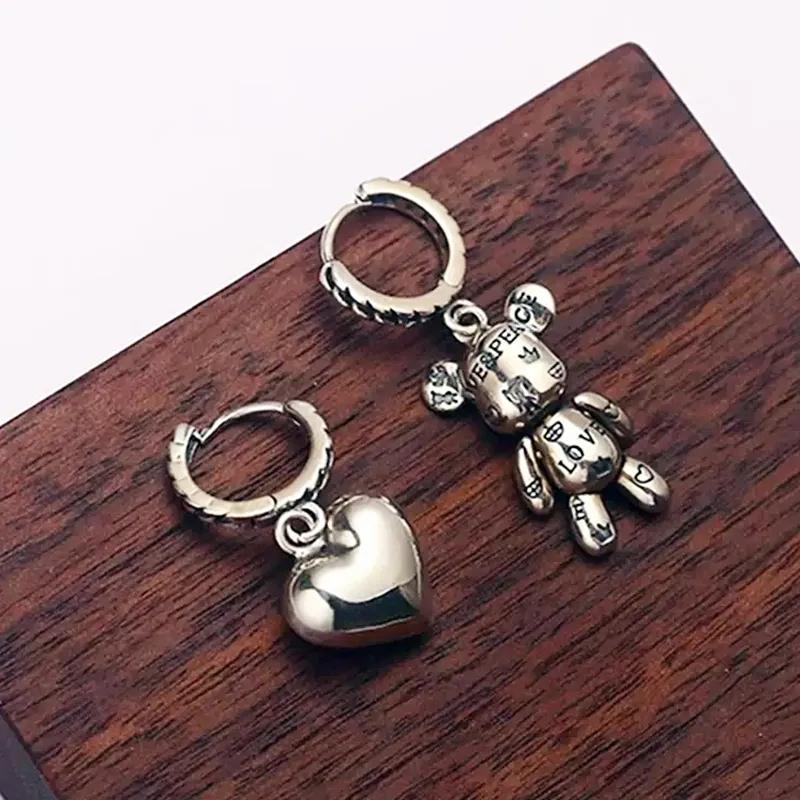 Серьги-кольца для предотвращения аллергии, винтажные аксессуары, маленький медвежонок, сердце, асимметричная вечеринка