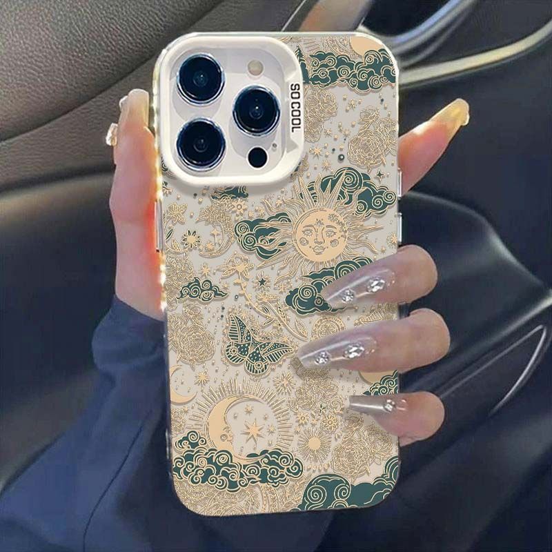 Ретро Стиль Солнце Луна Звезды Арт Чехол для Телефона для Серии iPhone 17 16 15 14 13 12 11 Pro Max Plus Двухслойная Защита