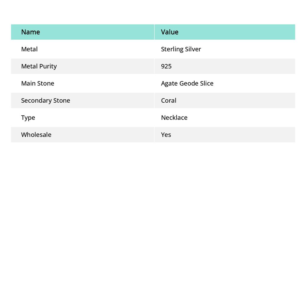 Natural Agate Geode Slice, Coral 925 Sterling Silver Jewelry Necklace 18" P9b67