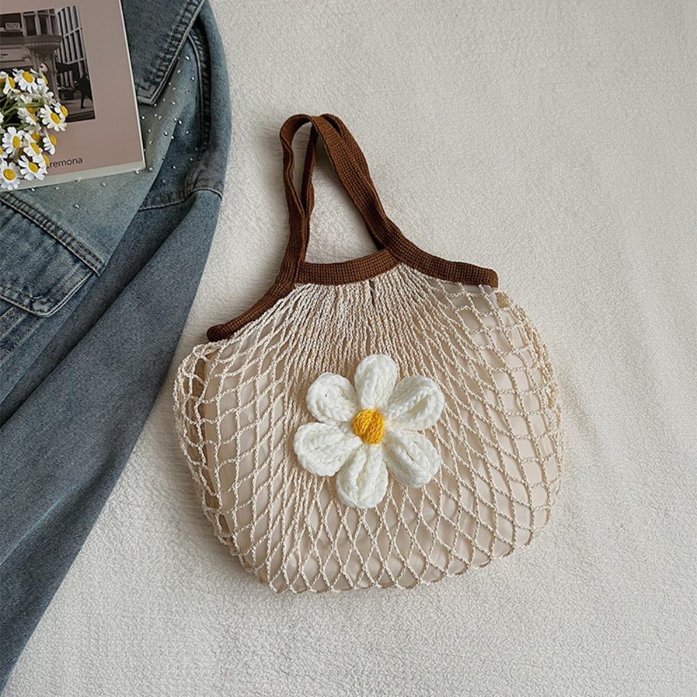 Leisure Summer Woven Handbag Large Capacity Flower Nylon Mesh Tote Bag Fashion Simple Grocery Bag Shopping Bag