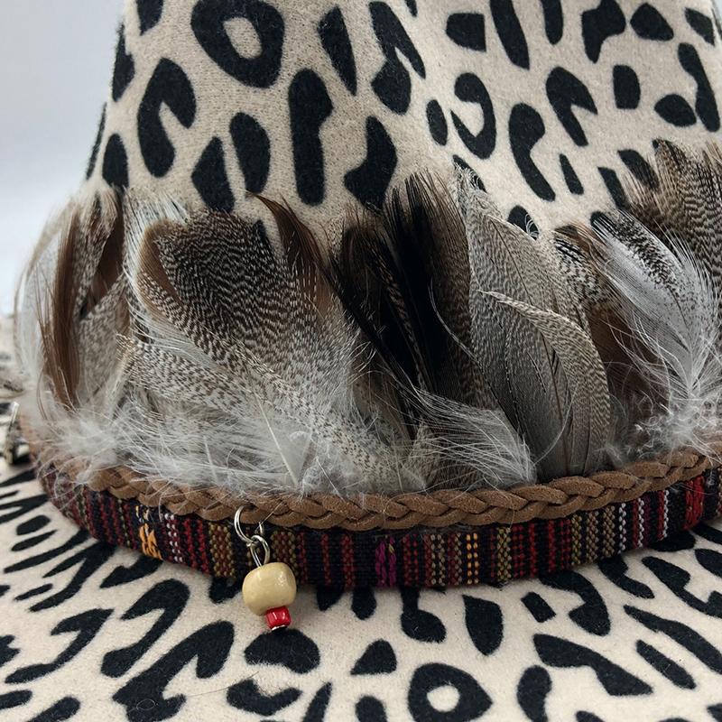 2019 New Trend Unisex Flat Brim Wool Felt Jazz Fedora Hats Men Women Leopard Grain Feather Band Decor Trilby Panama Formal Hats