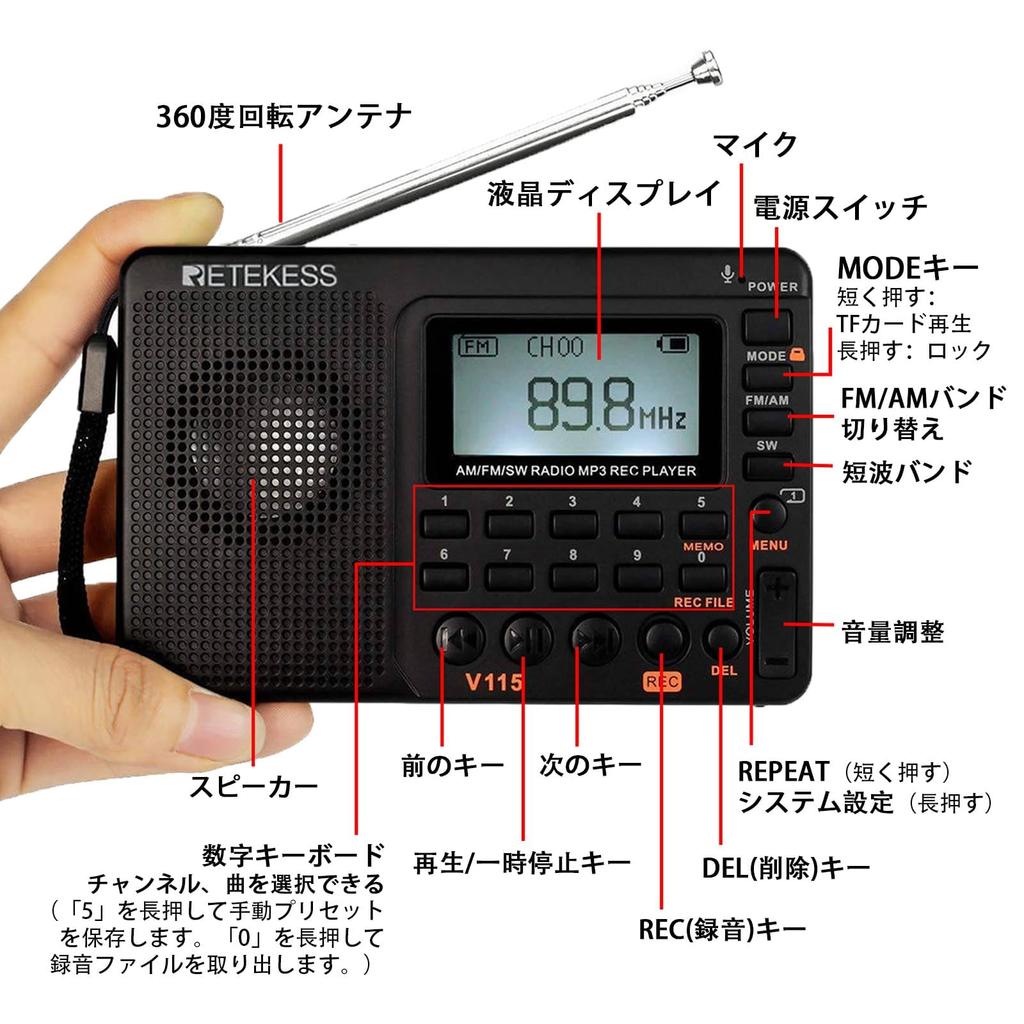 Retekess V115 Компактный коротковолновый Micro SD MP3 Японский язык Высокая аварийная Сон Запись голоса Подарок на День уважения к пожилым людям Подарок Радио,
