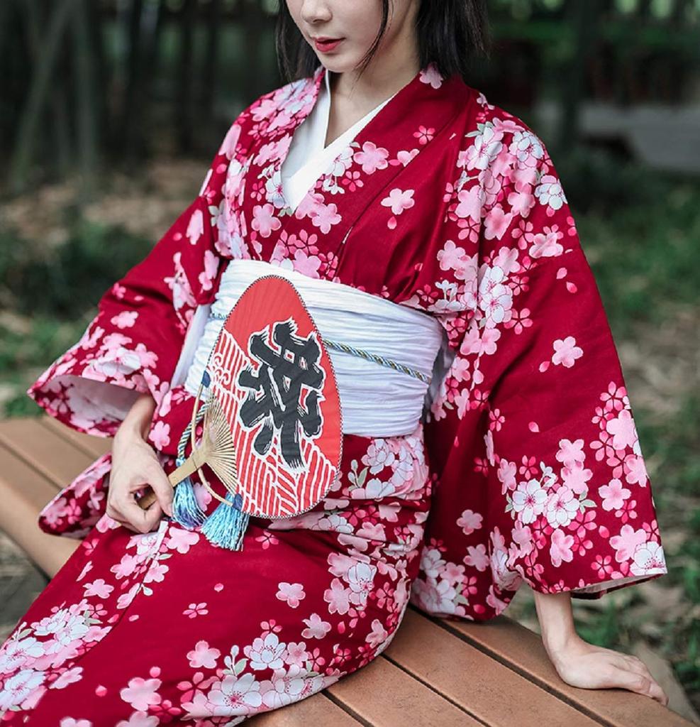 Getz Flowing Cherry Blossom with a Plain Elegant One Size Fits Set with Perfect for Fireworks Summer Bon and and Perfect for Women's Yukata, Red,