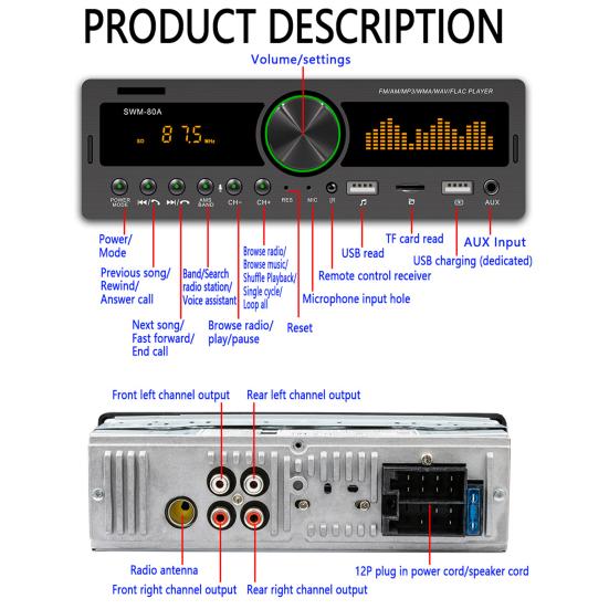 Swm-80A Handsfree Dual Usb Автомобильный Mp3-плеер Мощный FM-радио Bluetooth-совместимый Aux Tf Card U Disk