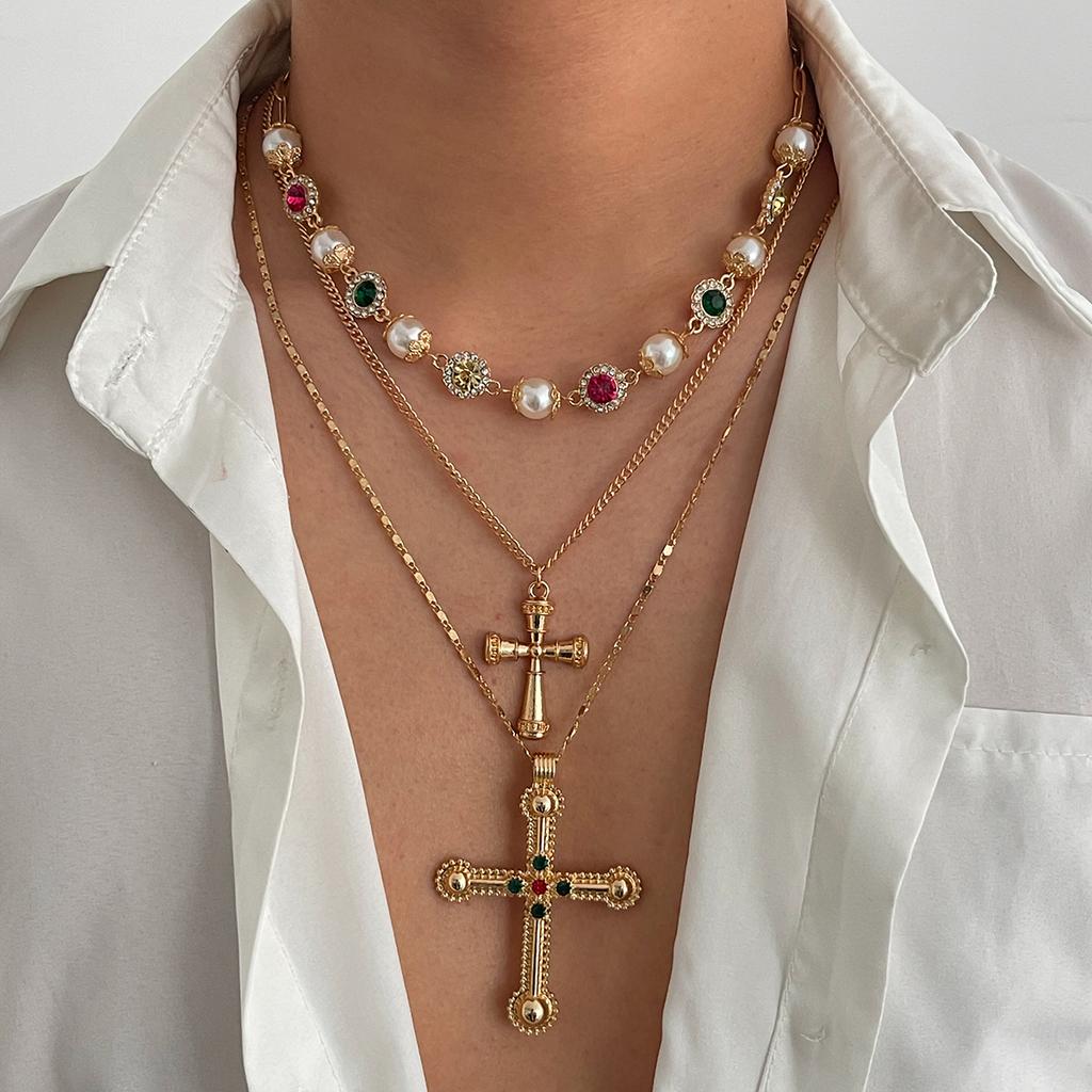 Ingemark 3Pcs/Set Colorful Acrylic Rhinestone Jesus Cross Pendant Necklace Men 2025 New Creative Hip Hop Unisex Y2K Jewelry Gift