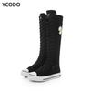 Spring Autumn Women Boots Canvas Mid Calf Boots Casual High Top Shoes Long Boots Lace Up Zipper Comfortable Flat Boots Size 34-43