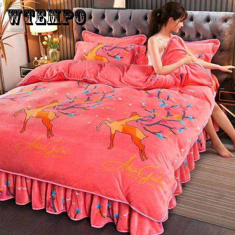 Размер King Size/Queen Size/Twin Size Зимняя фланелевая юбка-кровать Пододеяльник Наволочка Комплект из четырех предметов Утолщенное теплое простое постельное белье высокого качества
