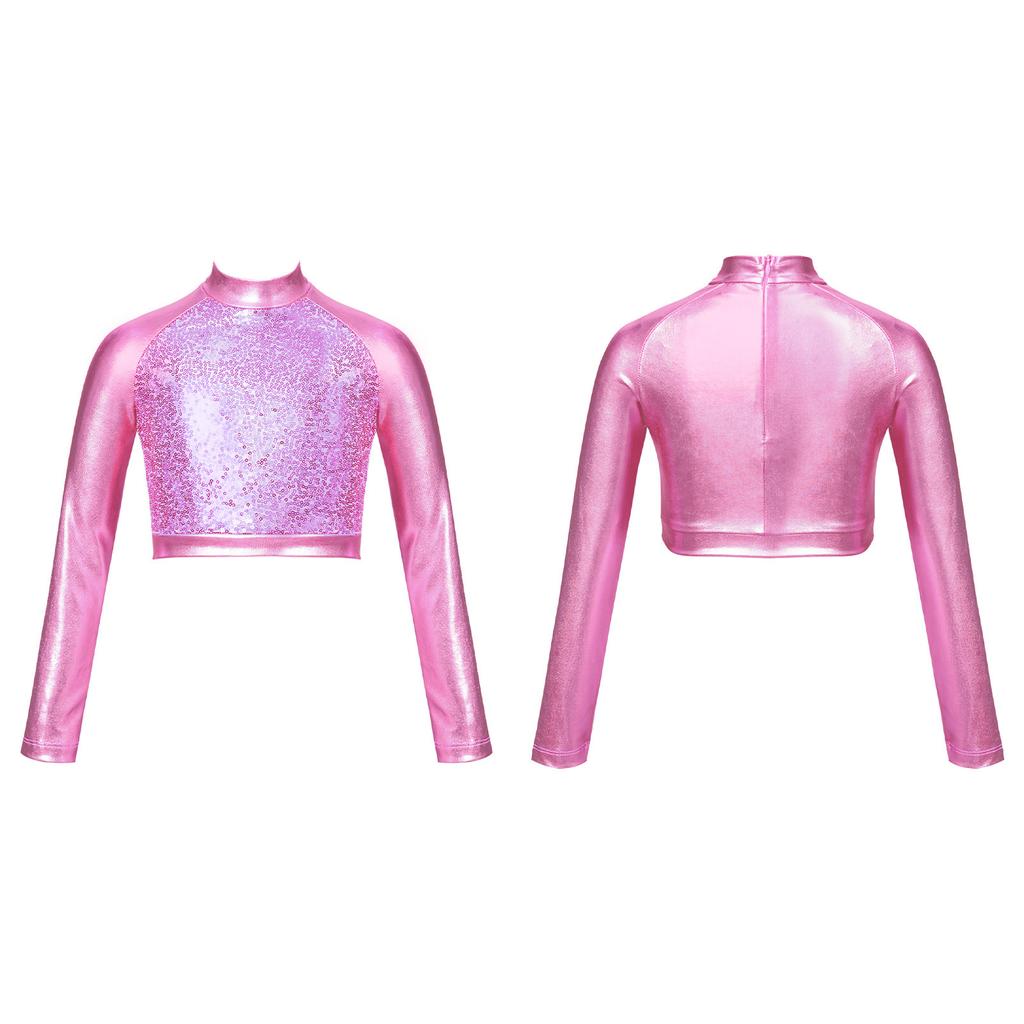 Детский блестящий металлизированный укороченный топ в стиле хип-хоп для девочек, футболка с длинными рукавами и блестками, современная танцевальная одежда для джазового балета