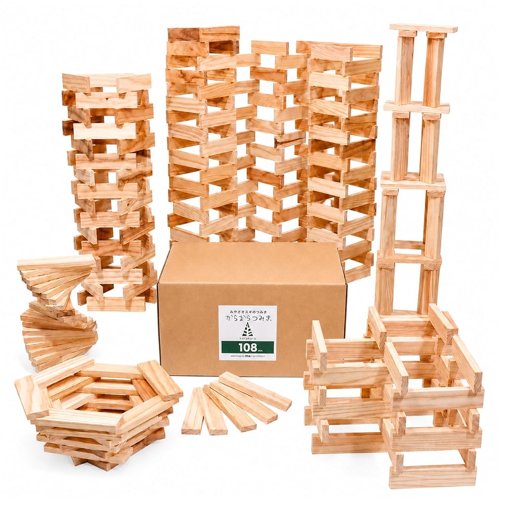 KARAKARATSUMIKI Wooden Building Blocks 240 Pieces Made in Japan 100% Miyazaki Cedar Montessori Toy