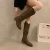 Retro Brown V-mouth Boots Women's 2025 Autumn New Thick Heel Suede Tall Knight Boots Western Pile Boots Women