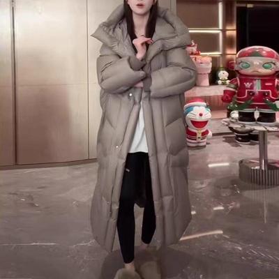 Пуховик ветрозащитный женский длинный зимняя теплая куртка с капюшоном белый утиный пух