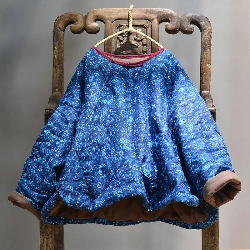 Johnature Women Chinese Style Linen Winter Parkas Print Floral O-Neck Long Sleeve Coats Vintage Warm Women Parkas