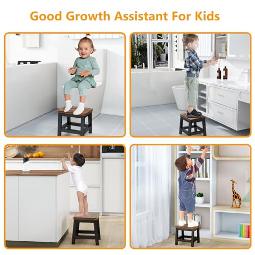 IBUYKE Step Stool, Step Stool, Footstool with Non-Slip Backrest, Wooden Chair for Kids, Bedroom, Bathroom, Living Room, Kitchen, Brown, Depth 25.5cm,