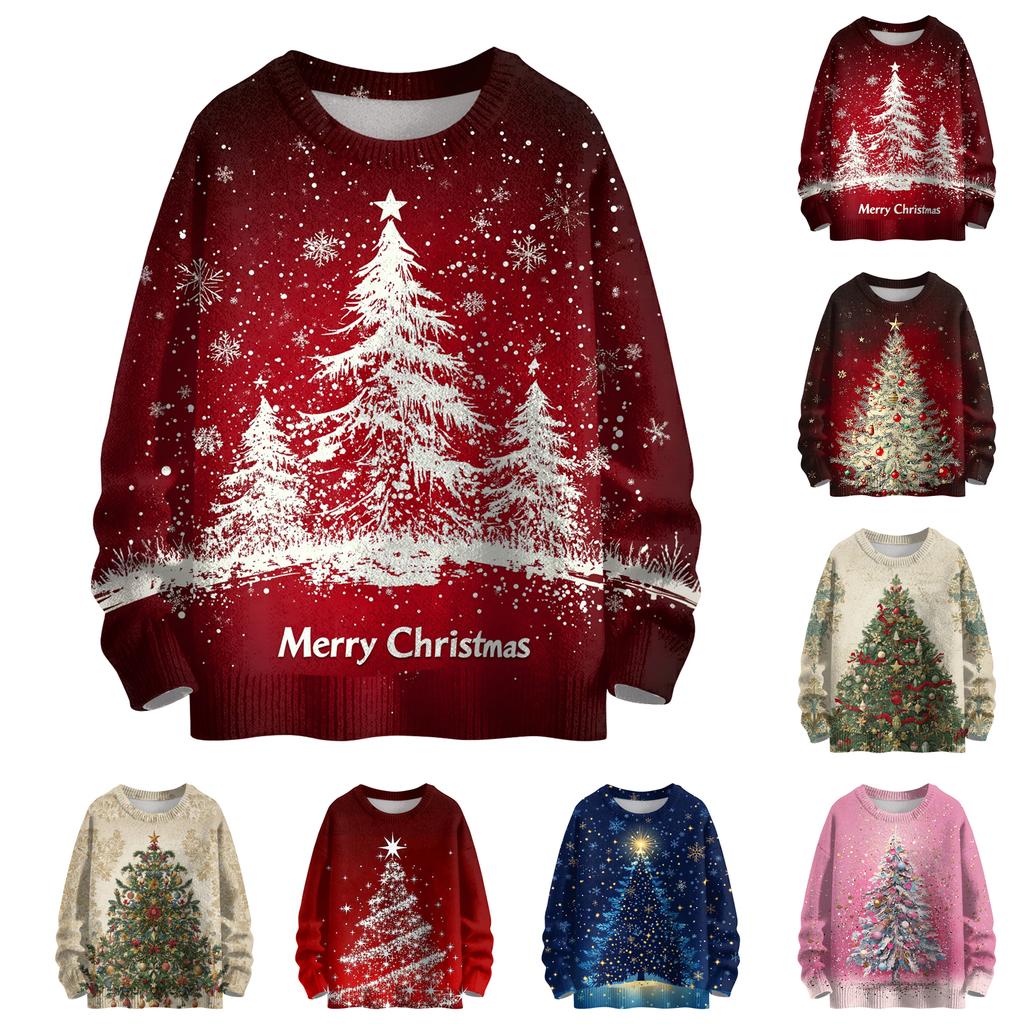 Ladies' Fashionable Casual Long Sleeved Christmas Printed Round Neck Knitted Yarn