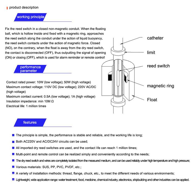 Pp плавающий шаровой переключатель Датчик уровня жидкой воды Горизонтальный поплавковый переключатель вниз