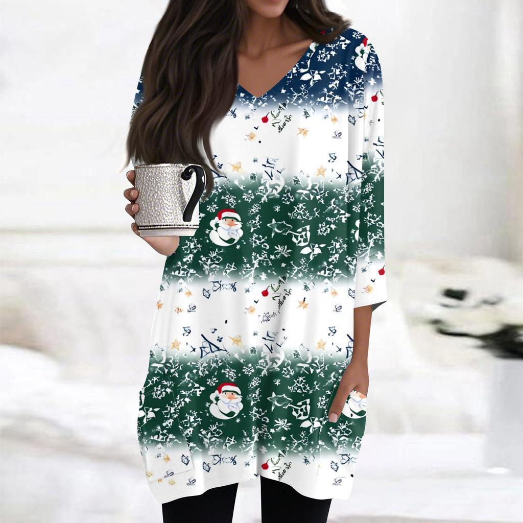 Женские топы с V-образным вырезом и рукавом 3/4, повседневные блузки средней длины, модные туники с рождественским принтом и карманами