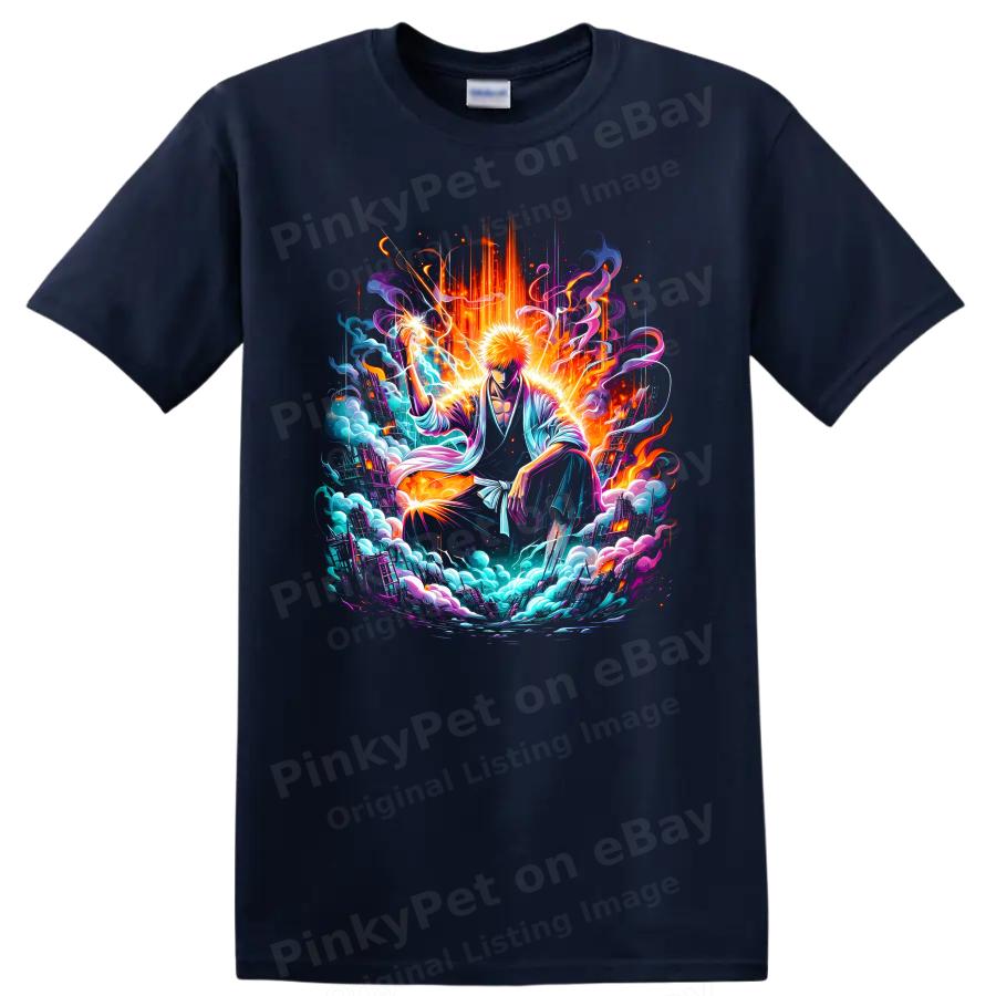 Ichigo Kurosaki Anime T Shirt w/ Neon Energy Warrior Art Graphic Tee Action