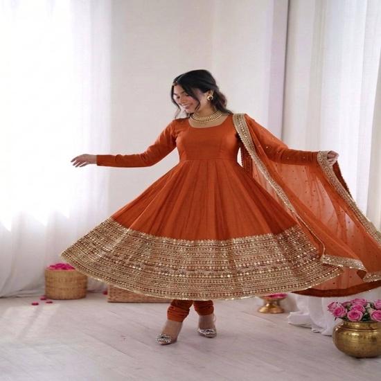 Heavy Mirror & Zari Work Flared Silk Anarkali Suit Set