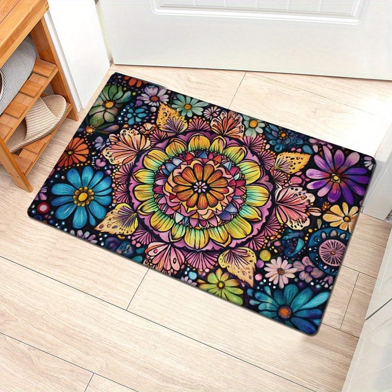 Flannel Thickness 0.47inch - 1pc Multicolor Mandala Door Mat, Black Base with Vibrant Symmetrical Pattern, Absorbent and Non-Sli