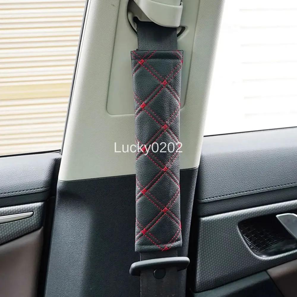 Car seat belt covers, 2 pcs, black with red stitching