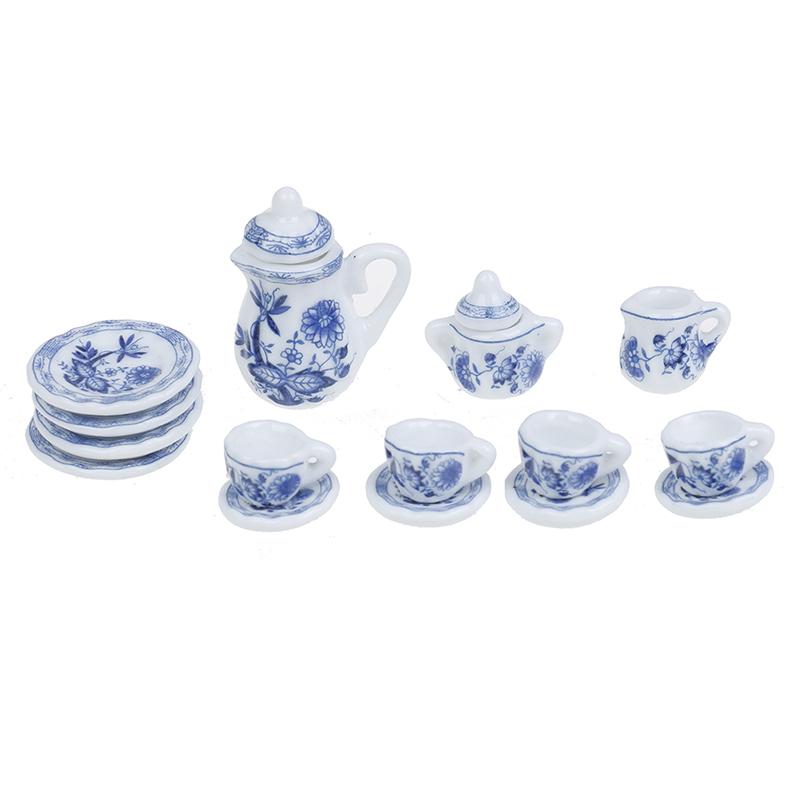 15Pcs Portable Blue Flower Tableware Porcelain Coffee Tea Cups Universal 1:12 Dollhouse Miniature