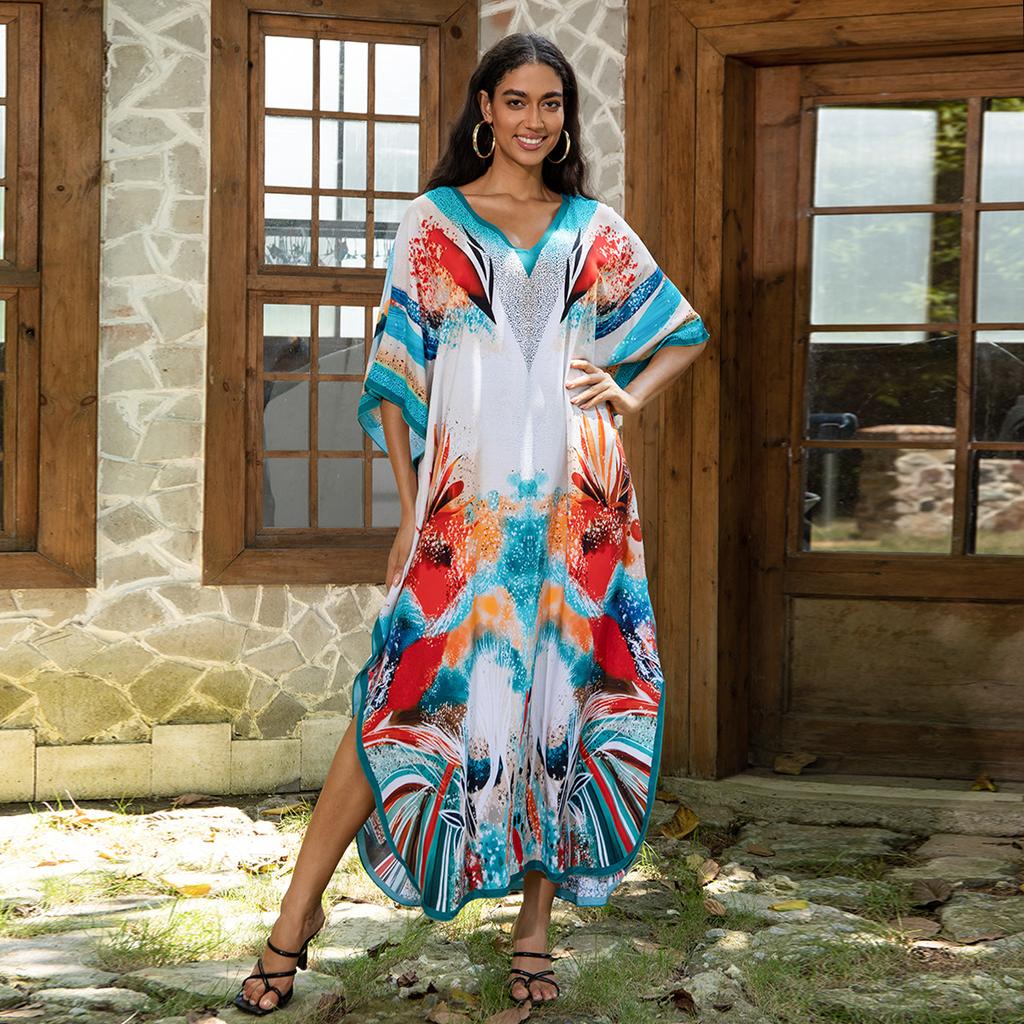 Printed Beach Dresses Viscose Kaftans for Women Summer Plus Size Loose Robe Holiday Living Room Bathing Suits