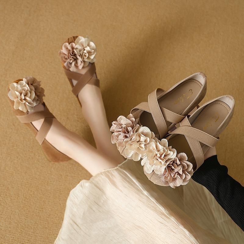 Faux leather French camellia flower Mary Jane single shoes women's 2025 new fashion versatile cross elastic flat shoes