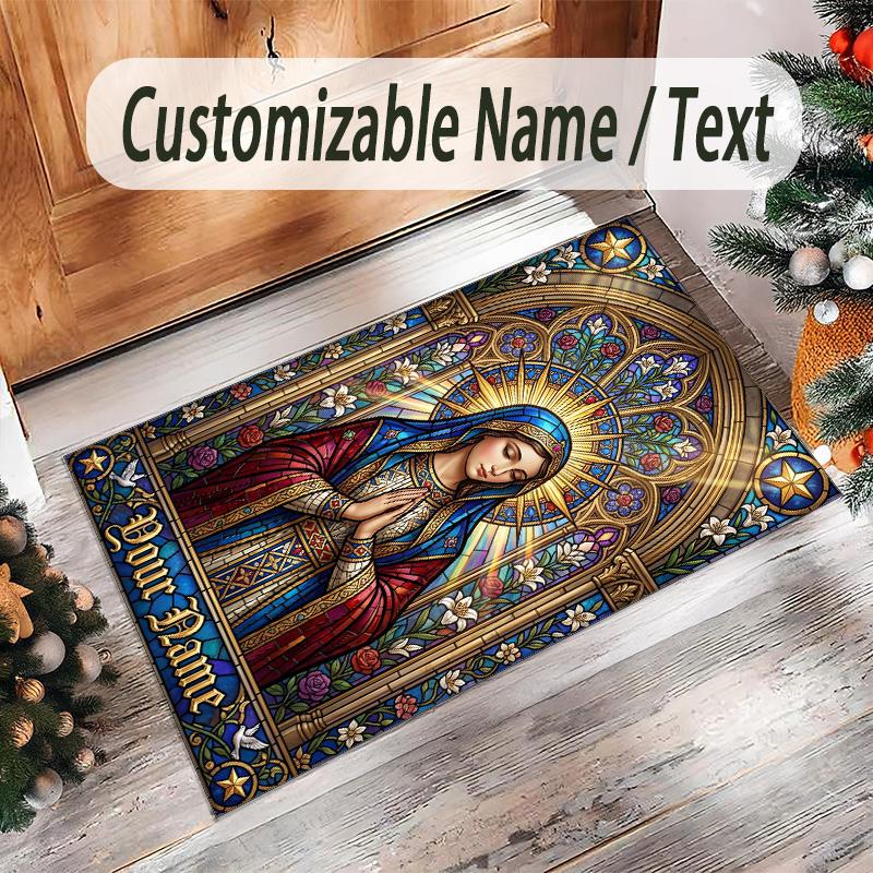 Virgin Mary Theme Crystal Velvet Rug Personalized Custom Name Text Soft Floor Mat Home Decor
