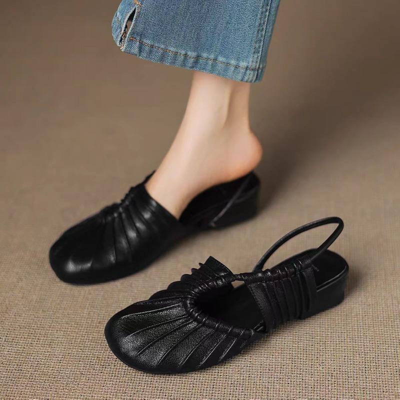 Fashion Autumn New Baotou Sandals Women's Fashion Round Toe Shallow Mouth Pleated Cover Foot Soft Sole Non-slip Flat Shoes