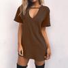 Fashion Women Casual Short Sleeve V-Neck Solid Ladies Hollow Out Mini Dress