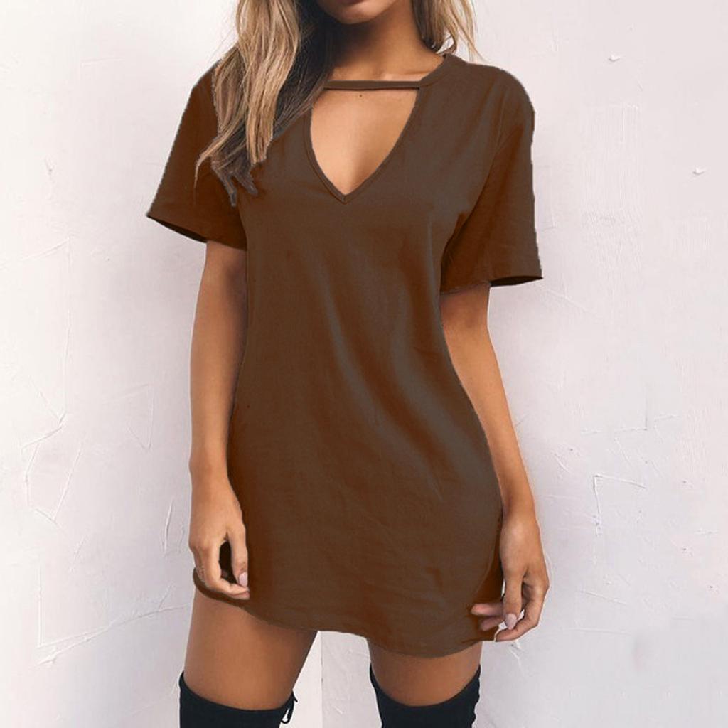 Fashion Women Casual Short Sleeve V-Neck Solid Ladies Hollow Out Mini Dress