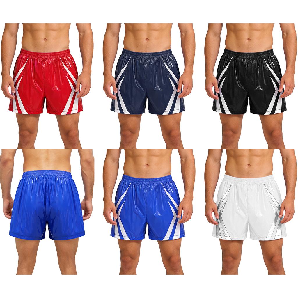 Mens Waterproof Swim Trunks Pockets Color Blocking Stripes Elastic Waistband Athletic Bottoms