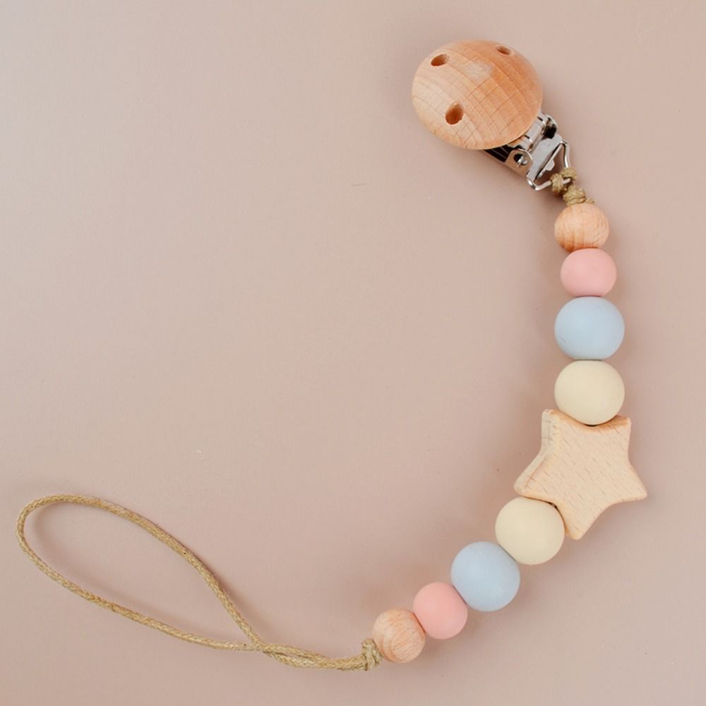 Star Pacifier Holder Clips Wood Baby Teether Toys Straps Anti-lost Baby Pacifier Chain  Toddler