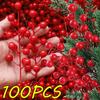5/100pcs Red Holly Berry Stamen Fake Flowers Plants Christmas Artificial Red Berries Stem Ornament for New Year Party Home Decor